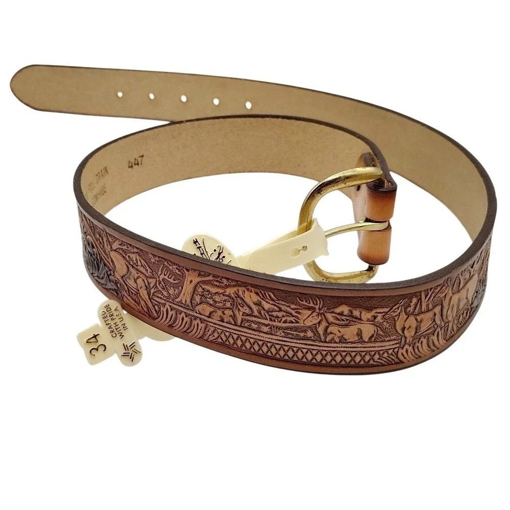 Brushy Creek Mens Western Deer Tooled Leather Belt Size 34 Made in USA